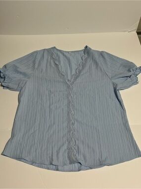 Women's Light Blue Lace-Trim V-Neck Blouse